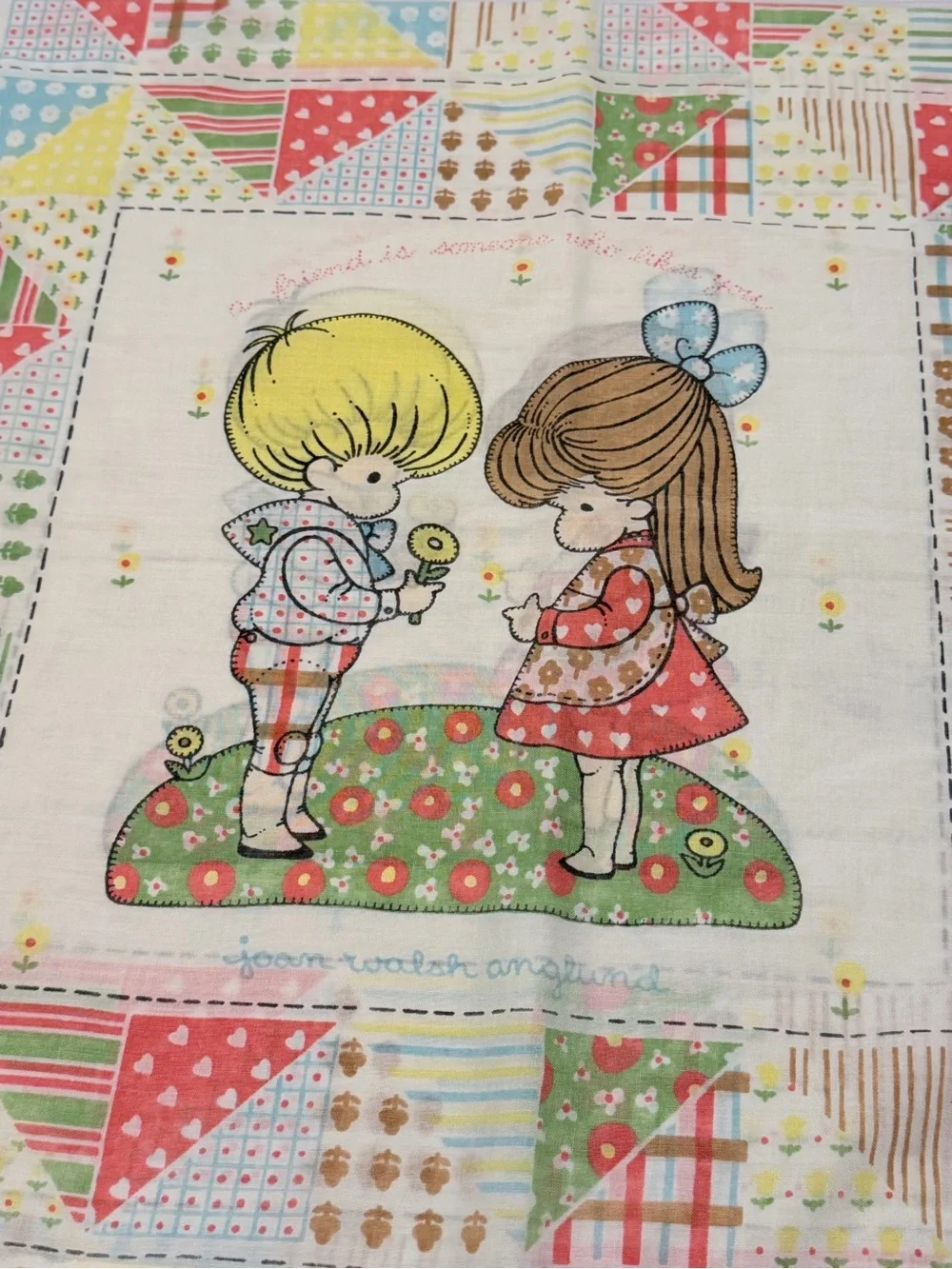 Vintage Style Children's Pillowcase with Pastel Patchwork and Illustration